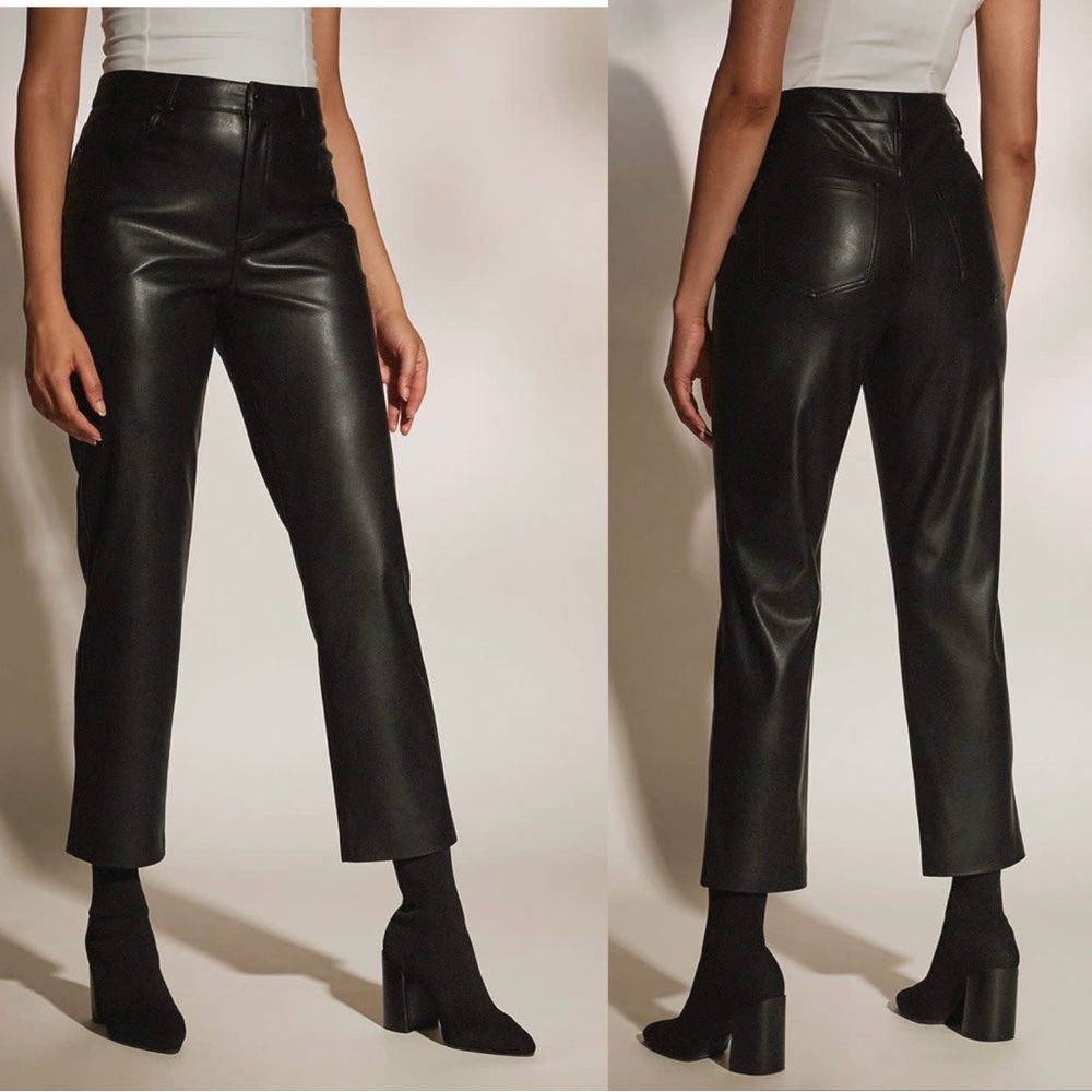 RW&CO black faux leather high rise straight leg cropped length pants Sz 27 vegan